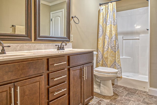 1570 Clemmons Rd, Cookeville, TN 38501 - full bath with toilet, curtained shower, crown molding, double vanity, and stone finish floors