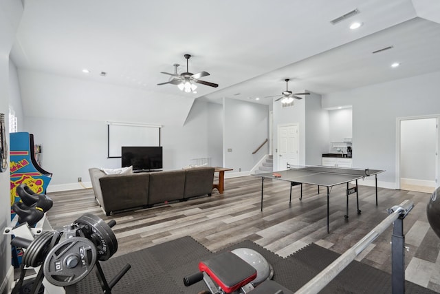 9702 Amethyst Ln, Brentwood, TN 37027 - game room with baseboards, wood finished floors, a ceiling fan, recessed lighting, and vaulted ceiling