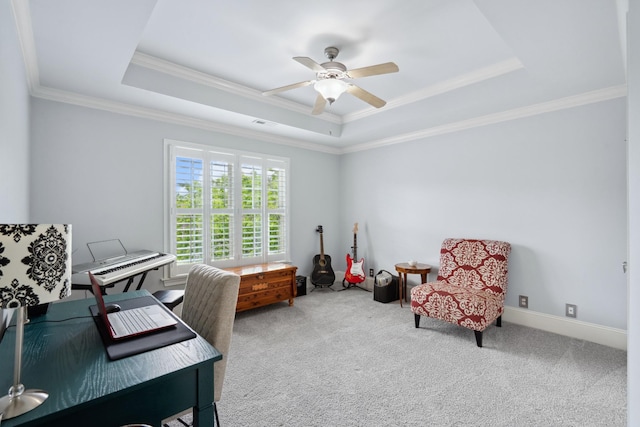 9702 Amethyst Ln, Brentwood, TN 37027 - home office featuring a tray ceiling, carpet, a ceiling fan, and ornamental molding