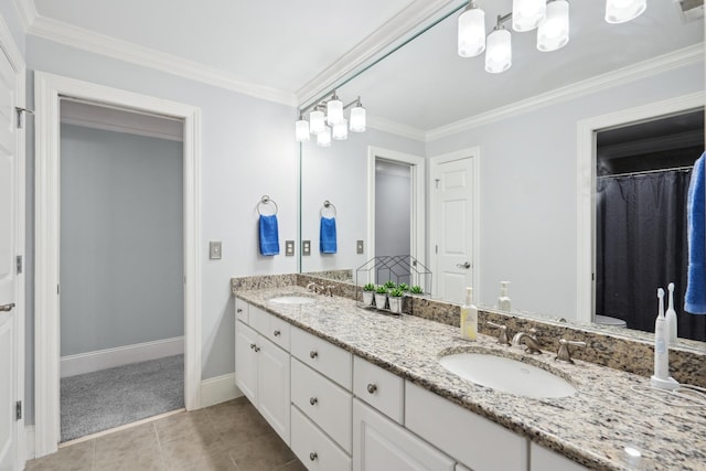 9702 Amethyst Ln, Brentwood, TN 37027 - full bath with double vanity, crown molding, tile patterned floors, baseboards, and a chandelier