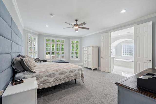 9702 Amethyst Ln, Brentwood, TN 37027 - carpeted bedroom featuring multiple windows, crown molding, recessed lighting, connected bathroom, and ceiling fan