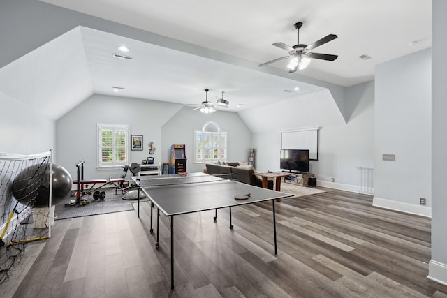 9702 Amethyst Ln, Brentwood, TN 37027 - playroom with ceiling fan, wood finished floors, lofted ceiling, baseboards, and recessed lighting