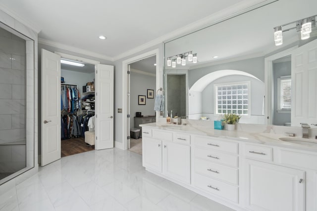 9702 Amethyst Ln, Brentwood, TN 37027 - bathroom featuring ornamental molding, marble finish flooring, toilet, double vanity, and recessed lighting