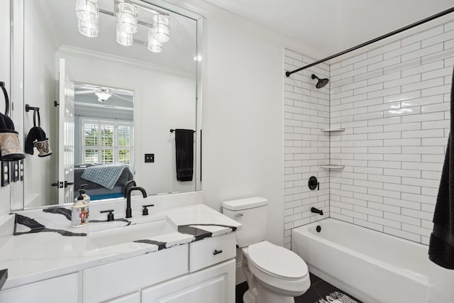 9702 Amethyst Ln, Brentwood, TN 37027 - ensuite bathroom with crown molding, toilet, a ceiling fan, vanity, and shower / bath combination
