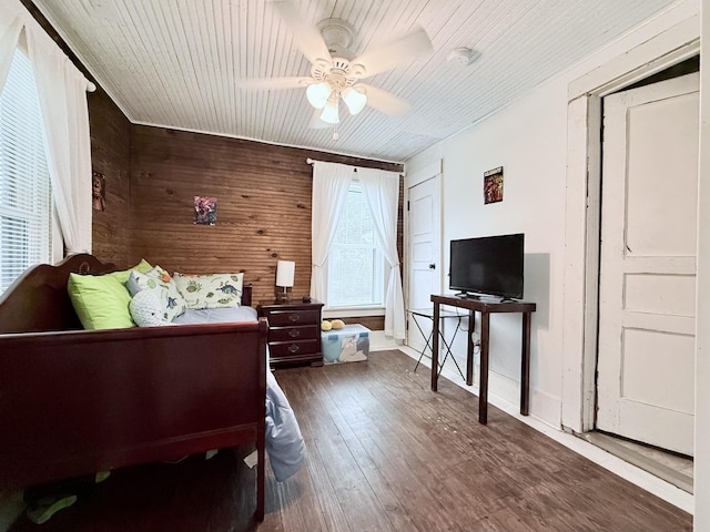 540 Grindstone Hollow Rd, Dickson, TN 37055 - bedroom featuring wood walls, hardwood / wood-style flooring, wooden ceiling, and ceiling fan