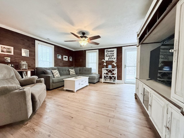 540 Grindstone Hollow Rd, Dickson, TN 37055 - living room featuring ceiling fan, light wood-style floors, plenty of natural light, and crown molding