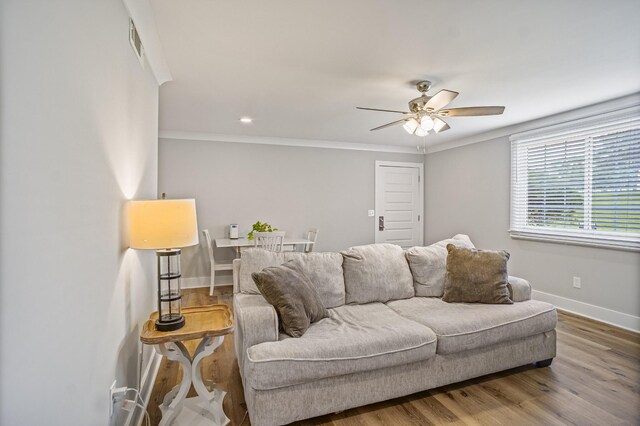1301 Neelys Bend Rd Unit 50, Madison, TN 37115 - living room featuring baseboards, ceiling fan, wood finished floors, and ornamental molding