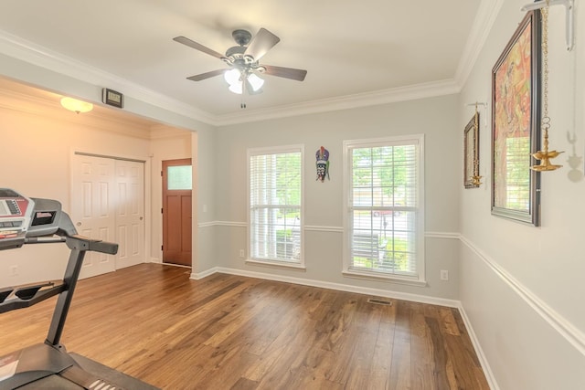 2004 Towhee Ct, Spring Hill, TN 37174 - workout area featuring wood finished floors, a ceiling fan, baseboards, and ornamental molding
