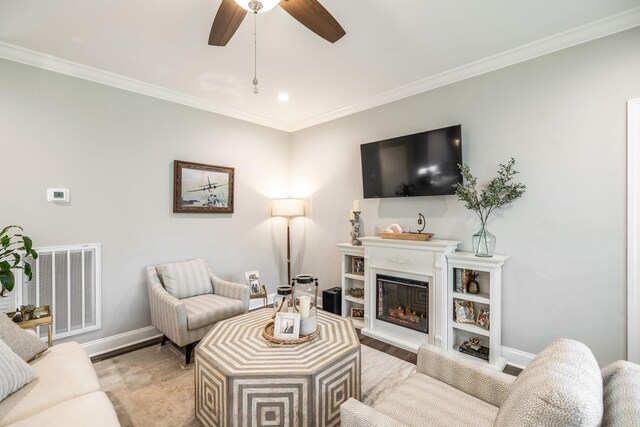 1551 Dobbins Pike, Gallatin, TN 37066 - living room featuring baseboards, ornamental molding, ceiling fan, recessed lighting, and a glass covered fireplace