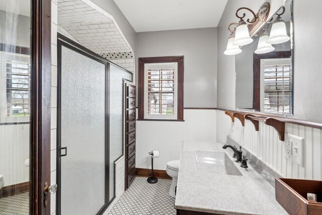 bathroom featuring toilet, wainscoting, a shower stall, and vanity