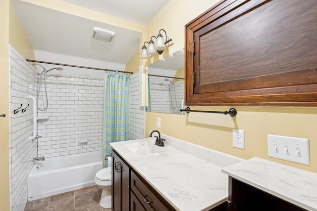 bathroom with toilet, shower / bath combo with shower curtain, and vanity