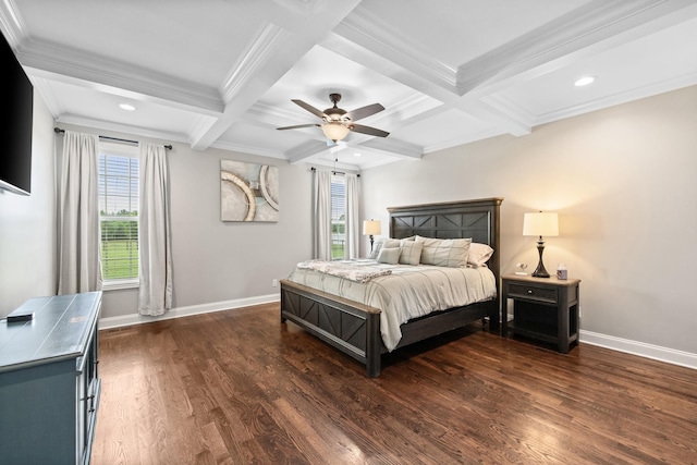 4999 Crescent Ln, Murfreesboro, TN 37128 - bedroom featuring baseboards, dark wood-type flooring, beam ceiling, coffered ceiling, and a ceiling fan
