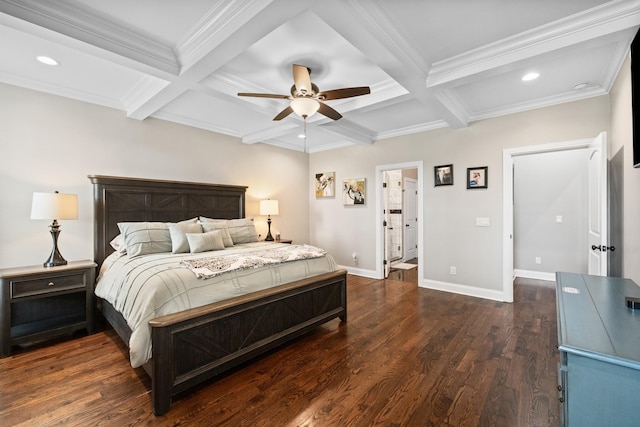 4999 Crescent Ln, Murfreesboro, TN 37128 - bedroom featuring coffered ceiling, beamed ceiling, ornamental molding, baseboards, and dark wood-type flooring