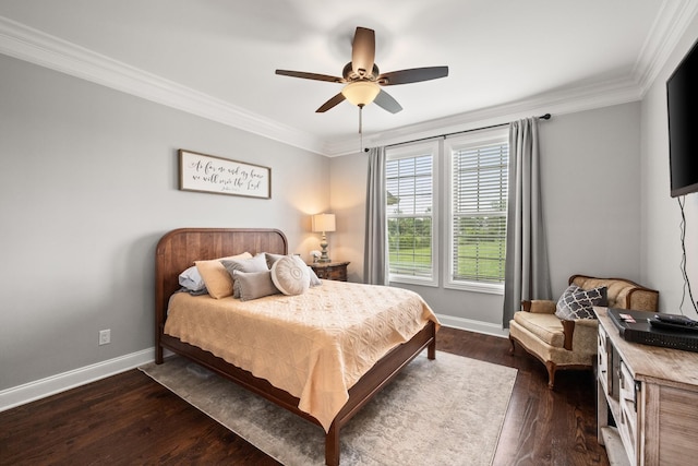 4999 Crescent Ln, Murfreesboro, TN 37128 - bedroom featuring baseboards, ornamental molding, dark wood-type flooring, and ceiling fan