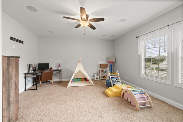 4999 Crescent Ln, Murfreesboro, TN 37128 - playroom featuring carpet flooring, a desk, ceiling fan, and baseboards