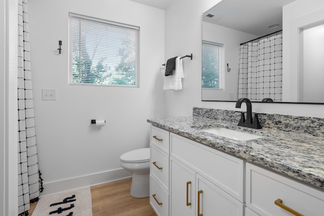 726 Morgan Ave, Woodbury, TN 37190 - full bathroom with toilet, vanity, baseboards, wood finished floors, and a shower with shower curtain