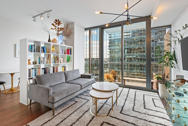living area with a wall of windows, wood finished floors, track lighting, and a chandelier