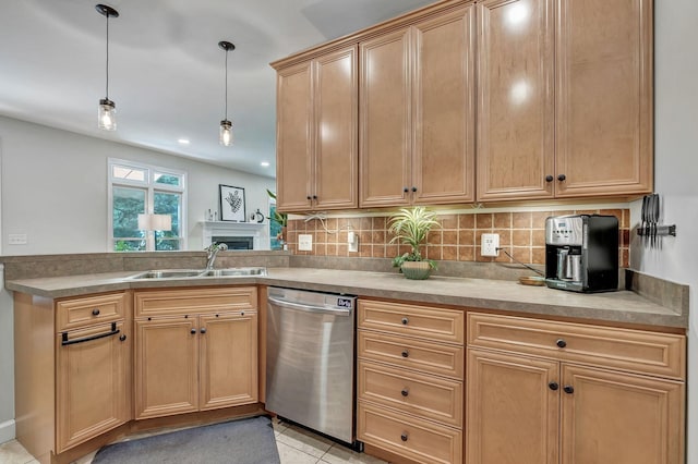 617 Bayhill Ct, Hermitage, TN 37076 - kitchen featuring stainless steel dishwasher, a sink, hanging light fixtures, and backsplash