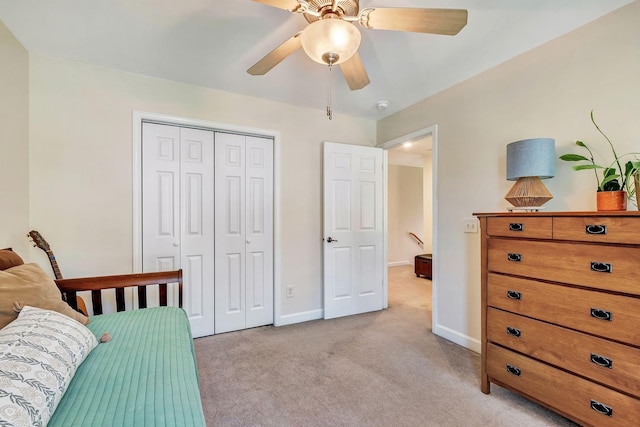 617 Bayhill Ct, Hermitage, TN 37076 - bedroom with light carpet, a closet, baseboards, and a ceiling fan
