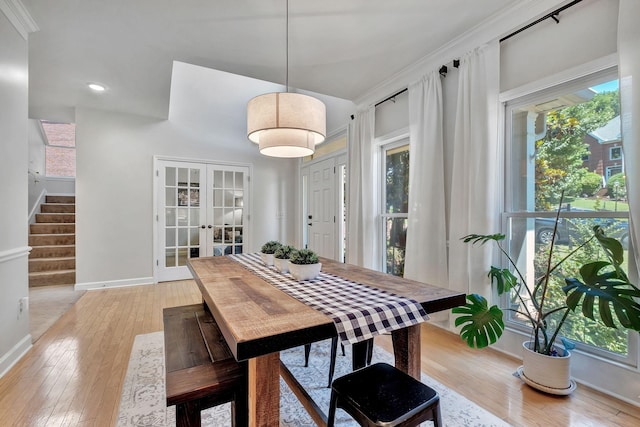 617 Bayhill Ct, Hermitage, TN 37076 - dining area featuring french doors, baseboards, light wood-style flooring, stairway, and recessed lighting