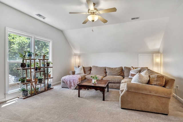 617 Bayhill Ct, Hermitage, TN 37076 - living room with carpet, ceiling fan, vaulted ceiling, and baseboards