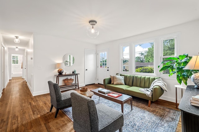 living area featuring plenty of natural light, baseboards, and wood finished floors