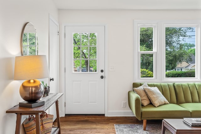 doorway to outside with wood finished floors, plenty of natural light, and baseboards