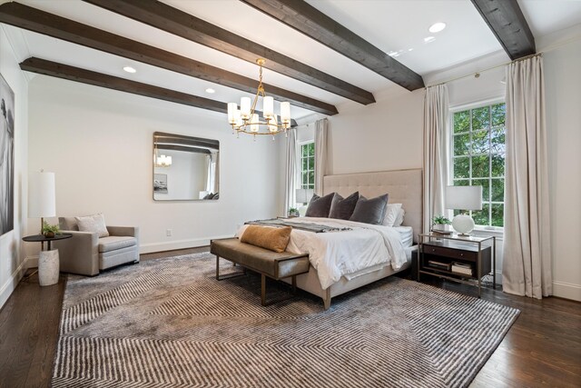 bedroom featuring baseboards, a chandelier, dark wood-type flooring, beamed ceiling, and recessed lighting
