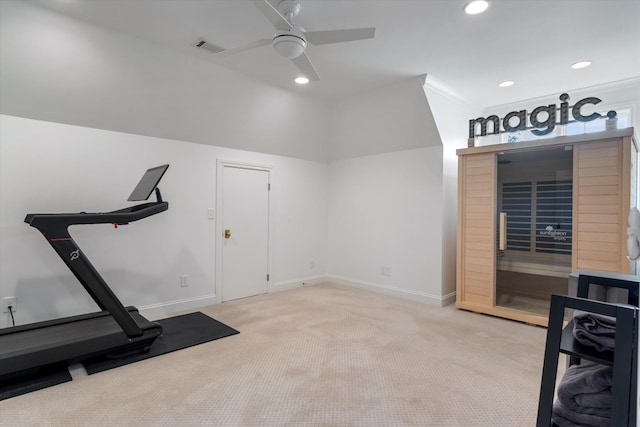 workout room featuring carpet floors, a ceiling fan, recessed lighting, and baseboards