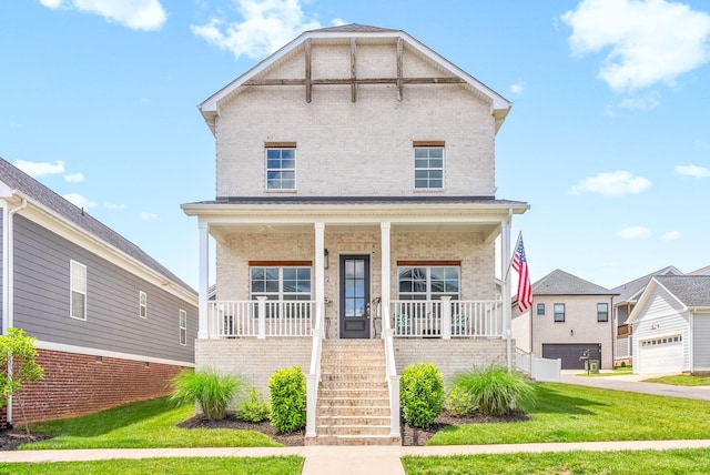 372 Augusta Ave, Pleasant View, TN 37146 - view of front of house featuring covered porch, brick siding, a front yard, and stairway