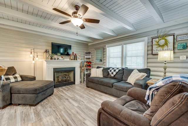 7547 Elm Springs Rd, Orlinda, TN 37141 - living room with a ceiling fan, wood finished floors, a fireplace, and a wood ceiling with exposed beams