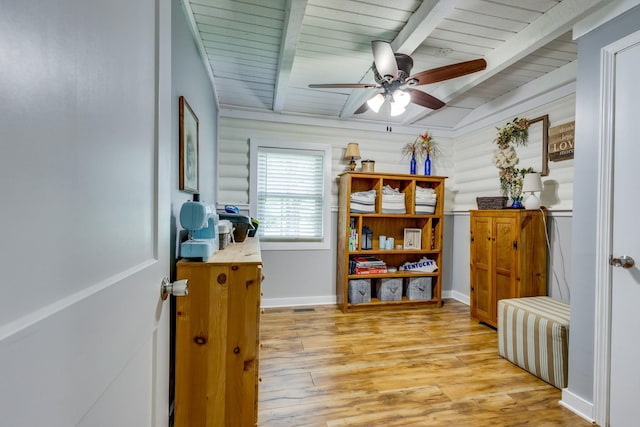 7547 Elm Springs Rd, Orlinda, TN 37141 - office space featuring a ceiling fan, light wood-type flooring, and a wooden ceiling with exposed beams