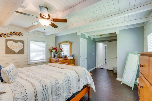 7547 Elm Springs Rd, Orlinda, TN 37141 - bedroom featuring dark wood-style floors, beamed ceiling, wood walls, and a ceiling fan