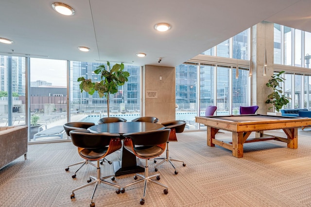 rec room with expansive windows, carpet flooring, billiards table, and recessed lighting