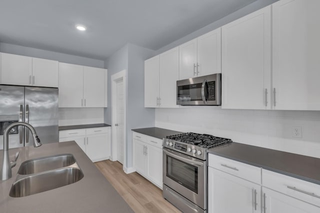118 Merion Way, Lebanon, TN 37087 - kitchen with appliances with stainless steel finishes, a sink, dark countertops, white cabinetry, and recessed lighting