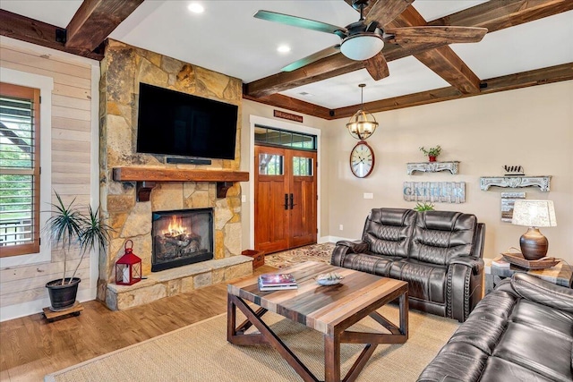 1165 River Bluffs Dr Unit Rb-97, Jasper, TN 37347 - living room featuring beam ceiling, a fireplace, light wood finished floors, baseboards, and ceiling fan