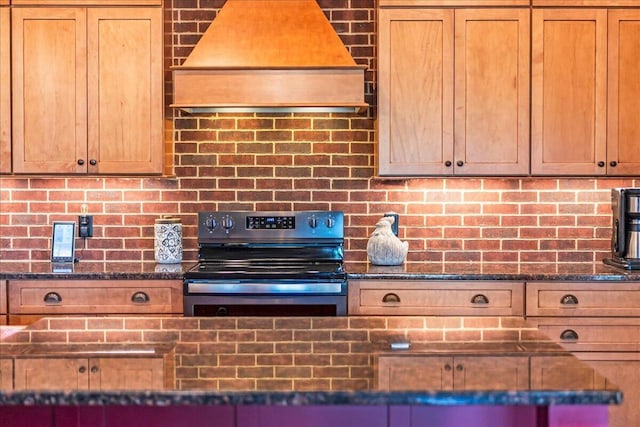 1165 River Bluffs Dr Unit Rb-97, Jasper, TN 37347 - kitchen featuring electric range, custom range hood, tasteful backsplash, and dark stone counters