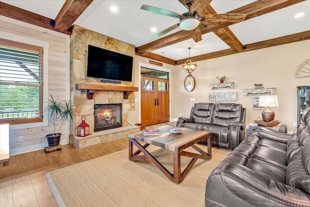1165 River Bluffs Dr Unit Rb-97, Jasper, TN 37347 - living room with beam ceiling, light wood finished floors, a stone fireplace, a ceiling fan, and recessed lighting