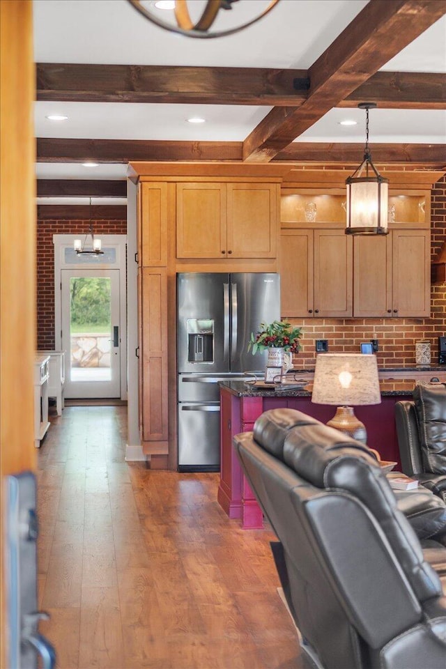 1165 River Bluffs Dr Unit Rb-97, Jasper, TN 37347 - kitchen featuring stainless steel fridge, hardwood / wood-style flooring, beamed ceiling, backsplash, and decorative light fixtures