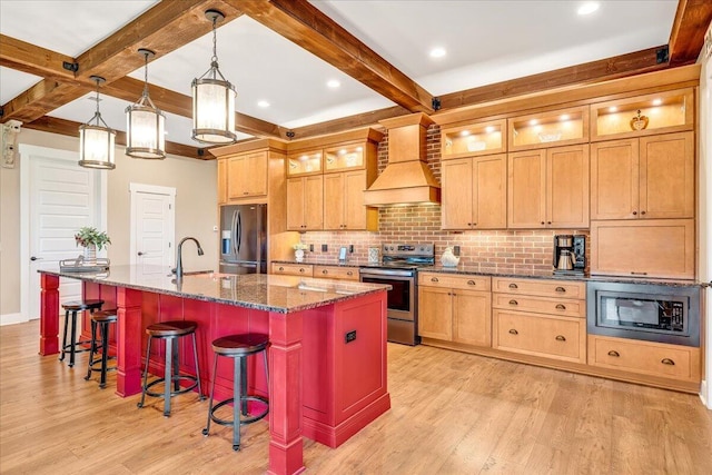 1165 River Bluffs Dr Unit Rb-97, Jasper, TN 37347 - kitchen featuring stainless steel appliances, premium range hood, decorative backsplash, beam ceiling, and light wood finished floors