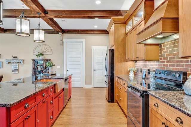 1165 River Bluffs Dr Unit Rb-97, Jasper, TN 37347 - kitchen with stainless steel appliances, custom exhaust hood, a sink, beam ceiling, and light wood-style flooring