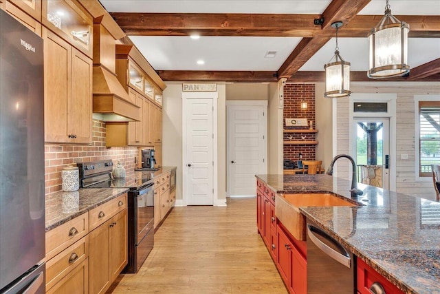 1165 River Bluffs Dr Unit Rb-97, Jasper, TN 37347 - kitchen with stainless steel appliances, a sink, beamed ceiling, a fireplace, and backsplash
