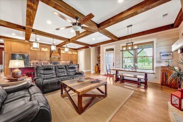 1165 River Bluffs Dr Unit Rb-97, Jasper, TN 37347 - living room with ceiling fan, light wood-type flooring, beam ceiling, coffered ceiling, and recessed lighting