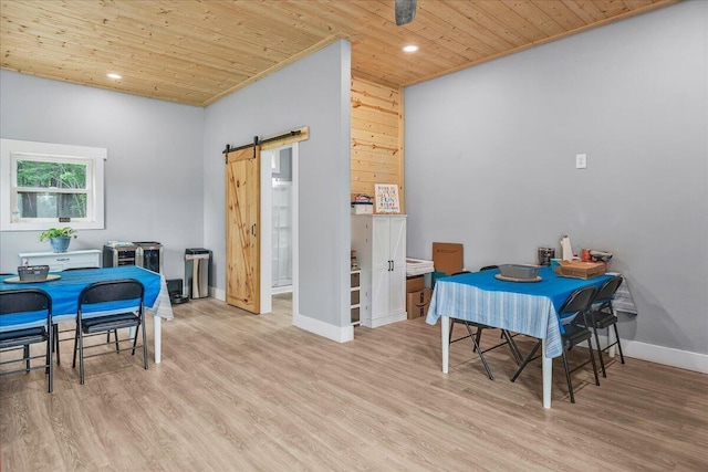 1165 River Bluffs Dr Unit Rb-97, Jasper, TN 37347 - dining space with wooden ceiling, a barn door, light wood-style flooring, recessed lighting, and baseboards