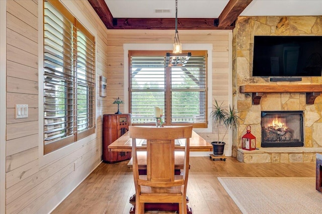 1165 River Bluffs Dr Unit Rb-97, Jasper, TN 37347 - dining space featuring wood-type flooring, wood walls, beamed ceiling, and a stone fireplace