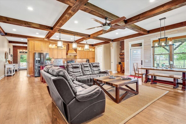 1165 River Bluffs Dr Unit Rb-97, Jasper, TN 37347 - living room featuring coffered ceiling, a ceiling fan, beamed ceiling, light wood-style flooring, and baseboards