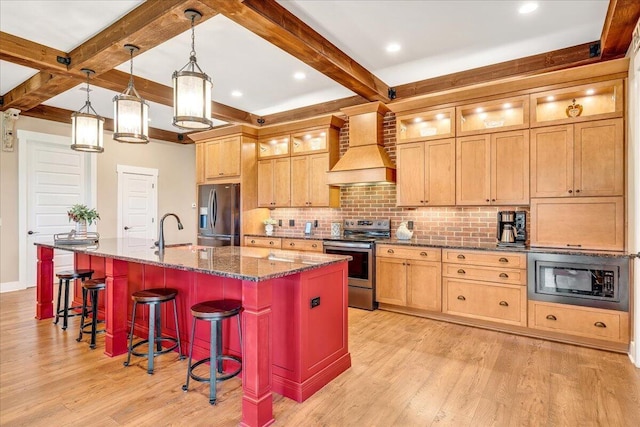 1165 River Bluffs Dr Unit Rb-97, Jasper, TN 37347 - kitchen featuring stainless steel appliances, custom exhaust hood, beam ceiling, light wood finished floors, and decorative backsplash