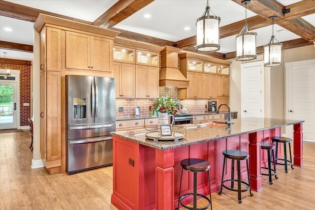 1165 River Bluffs Dr Unit Rb-97, Jasper, TN 37347 - kitchen with stainless steel fridge, premium range hood, beam ceiling, light wood-type flooring, and decorative backsplash