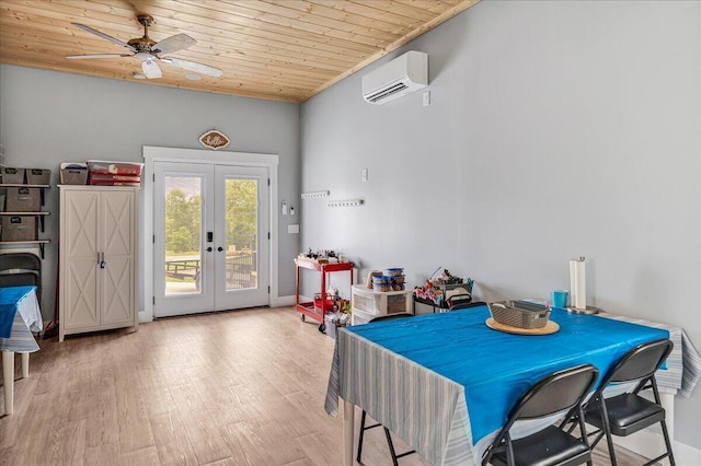 1165 River Bluffs Dr Unit Rb-97, Jasper, TN 37347 - dining space featuring a wall mounted AC, french doors, wood ceiling, ceiling fan, and wood finished floors