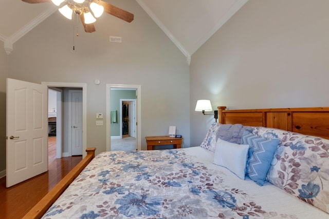 3024 Brookside Path, Murfreesboro, TN 37128 - bedroom with crown molding, wood finished floors, high vaulted ceiling, ceiling fan, and baseboards